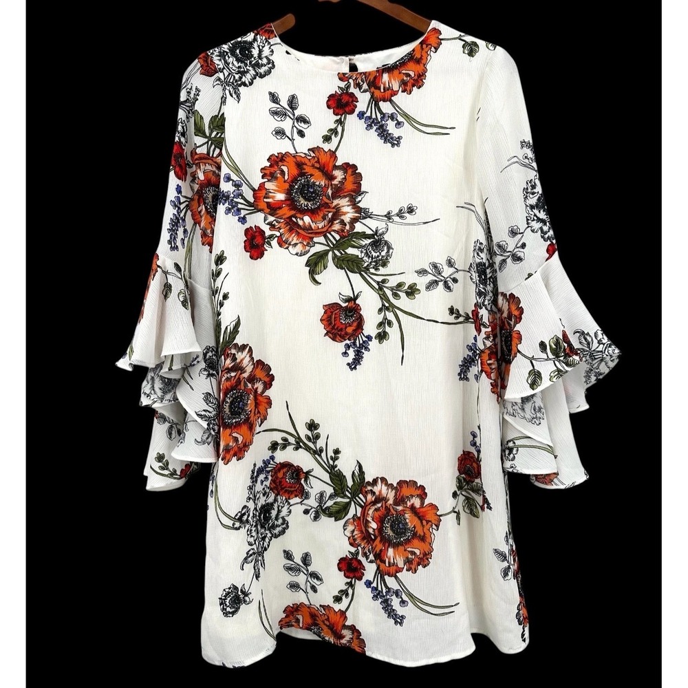 City Triangles A-Line Mini Dress Ivory Floral Print Bell Sleeve Women's Small